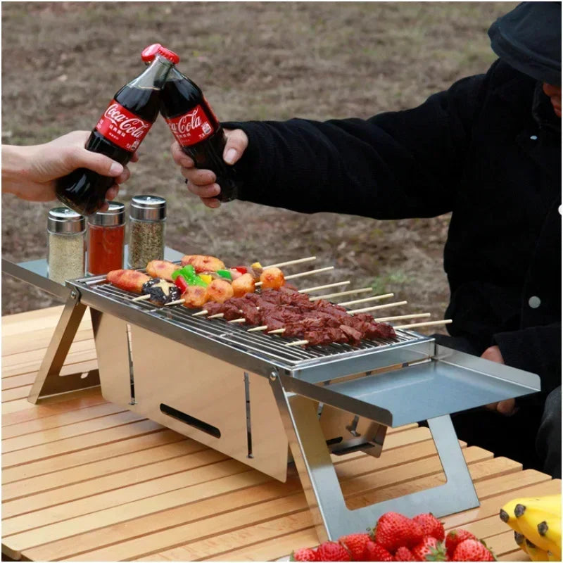 Portable Charcoal BBQ Grill Folding Stainless Steel Barbecue with Side Shelves Carry Pouch and Heat Resistant Mitten