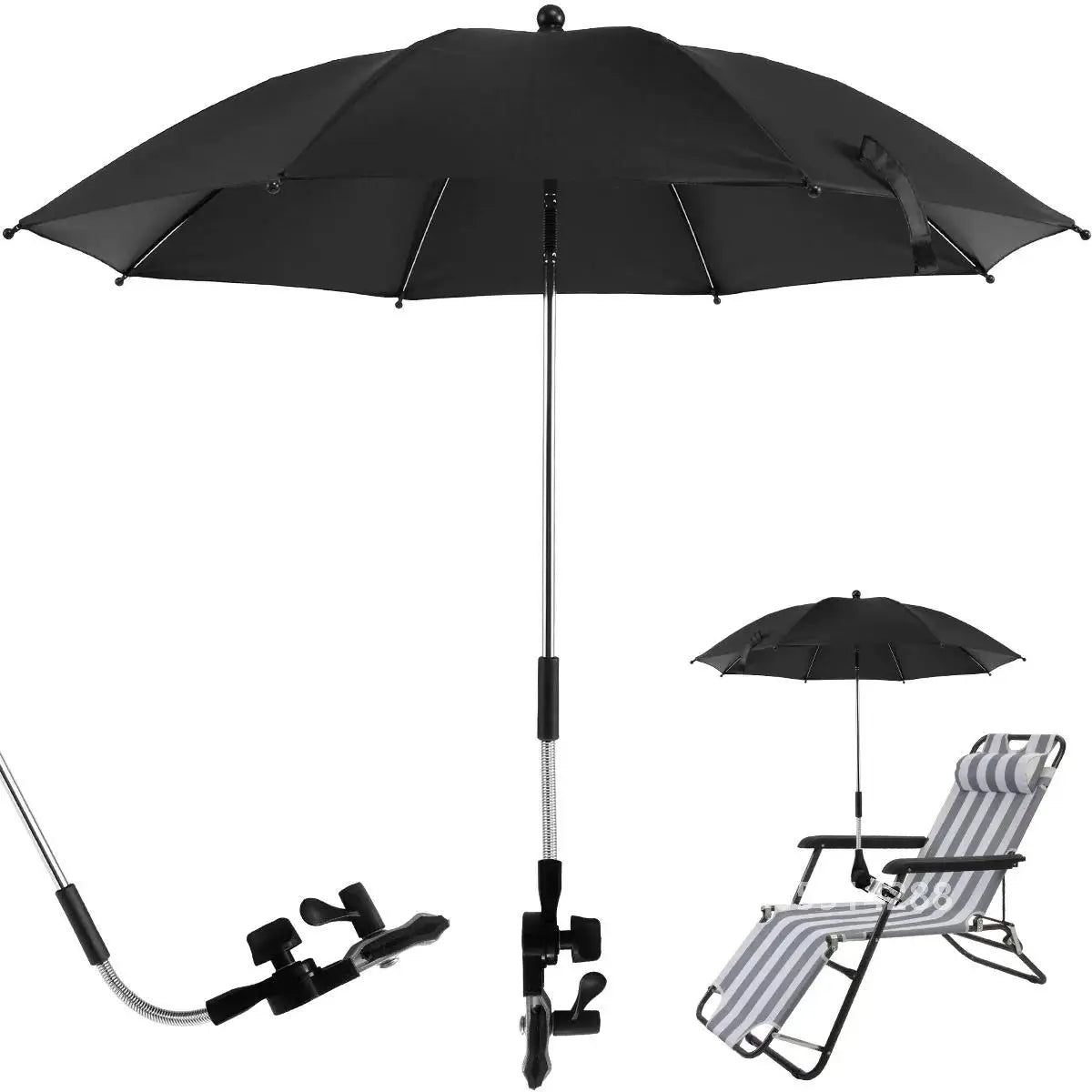 82cm Black Clip On Beach Umbrella 360 Degree Adjustable UV Sun Shade for Camping Chairs