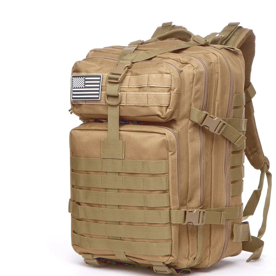 50L Khaki Waterproof Tactical Backpack with Molle Webbing for Hiking Camping Trekking and Travel