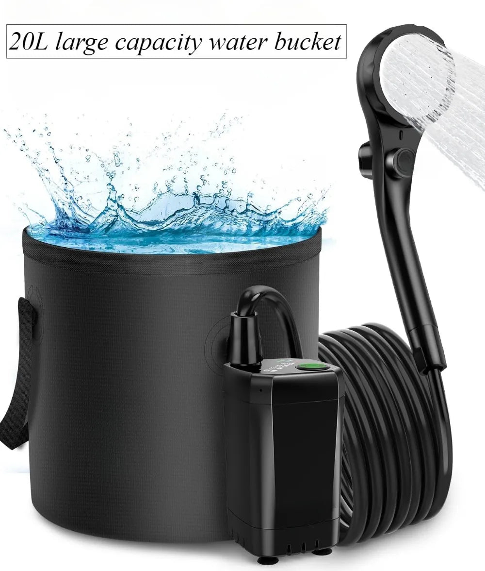 6000mAh Black Portable Camping Shower Rechargeable Outdoor Shower Kit with 20L Foldable Bucket and Pump