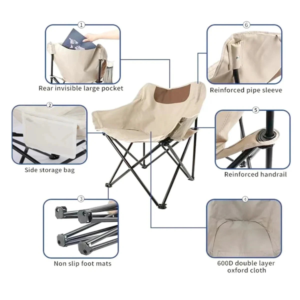 Portable Folding Camping Chair Beige Lightweight Outdoor Seat for Fishing Hiking Picnic and Camping