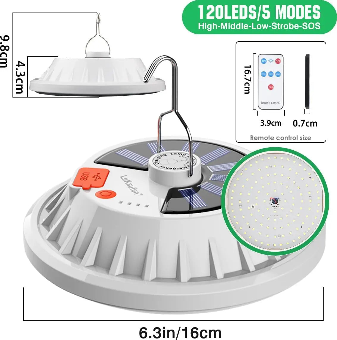 Portable Solar 120LED Camping Light Large USB Rechargeable Hanging Lamp with Remote Control