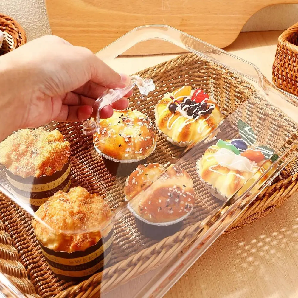 Rectangular Rattan Style Bread Basket with Clear Acrylic Lid for Food Storage and Serving