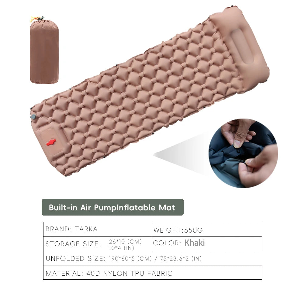 Inflatable Khaki Camping Mat with Built In Air Pump Pillow for Hiking Trekking Travel and Outdoor Use