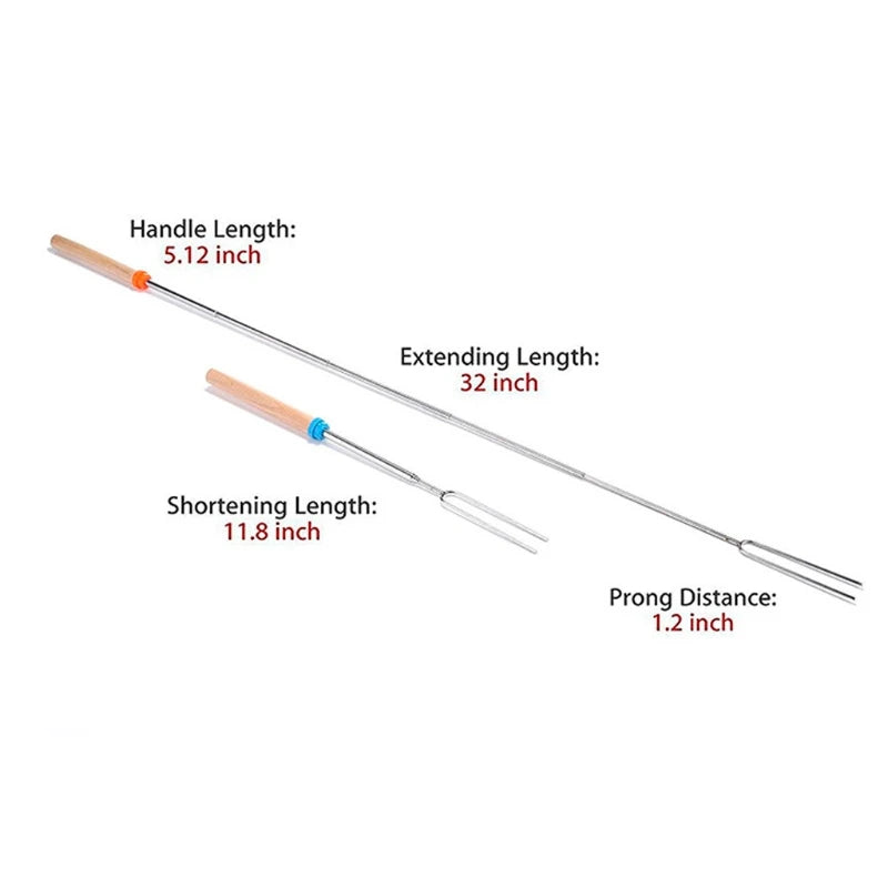 Telescoping BBQ Roasting Stick Stainless Steel Campfire Fork with Wood Handle