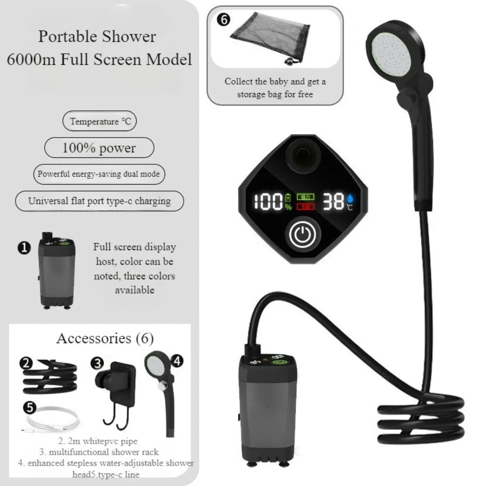 6000mAh Gray Portable Camping Shower Rechargeable Outdoor Shower Kit with 20L Foldable Bucket and Pump