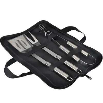 3 Piece BBQ Tool Set Stainless Steel Portable Barbecue Utensils with Storage Carry Bag for Outdoor Grilling