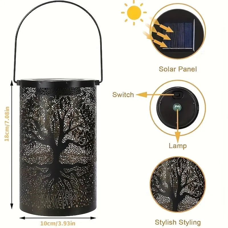 Solar Hanging Lantern Tree Pattern LED Outdoor Garden Light Metal Decorative Lamp Black