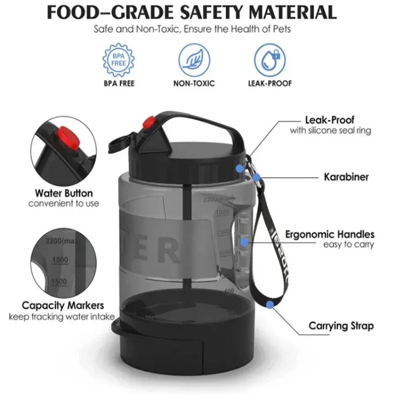 2200ml Portable Dog Water Bottle with Foldable Drinking Bowl Large Capacity Travel Water Dispenser