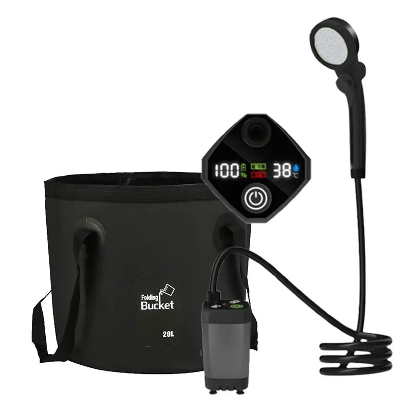 6000mAh Gray Portable Camping Shower Rechargeable Outdoor Shower Kit with 20L Foldable Bucket and Pump