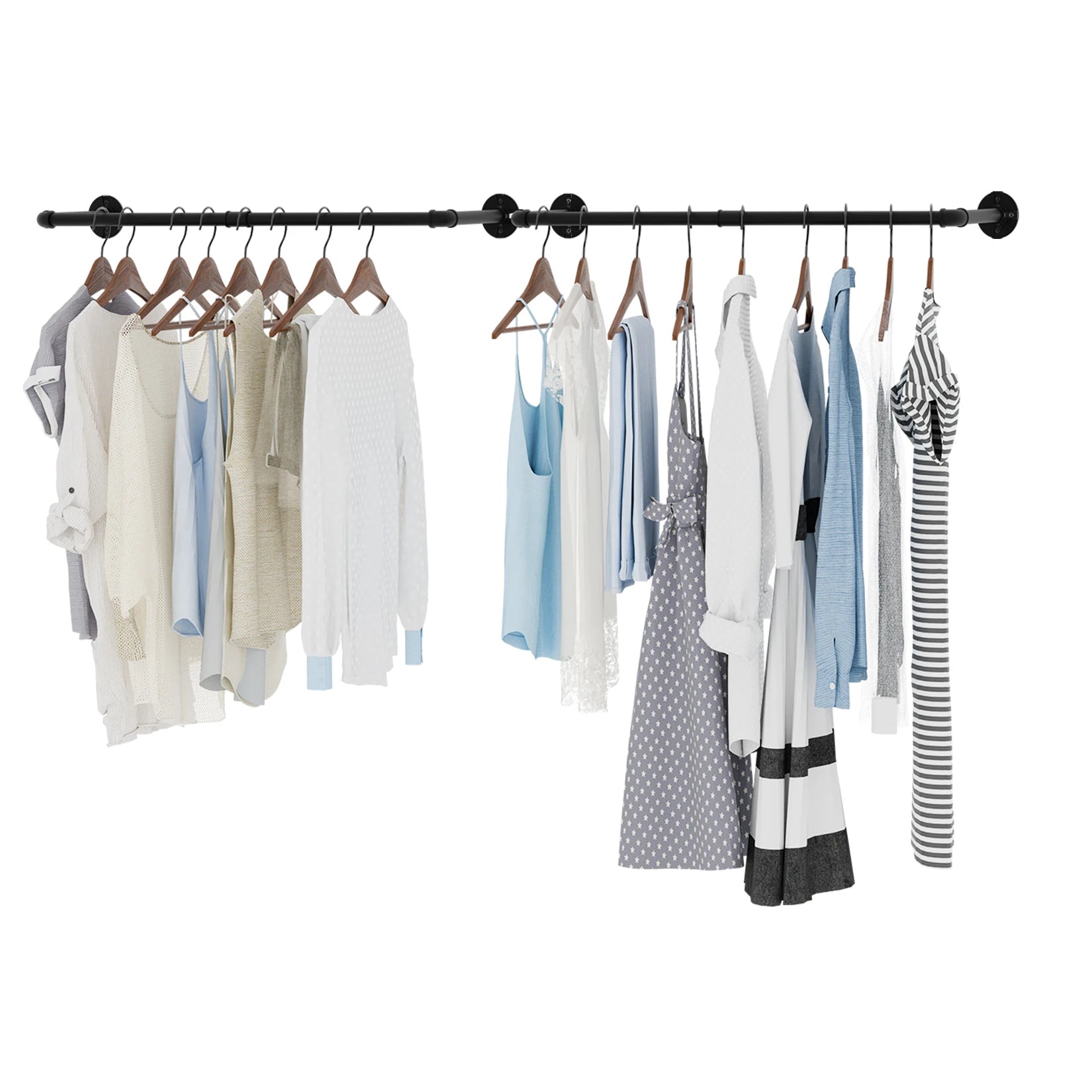 2 Pack Industrial Pipe Clothes Rack Wall Mounted Garment Rail with Hooks Black Metal