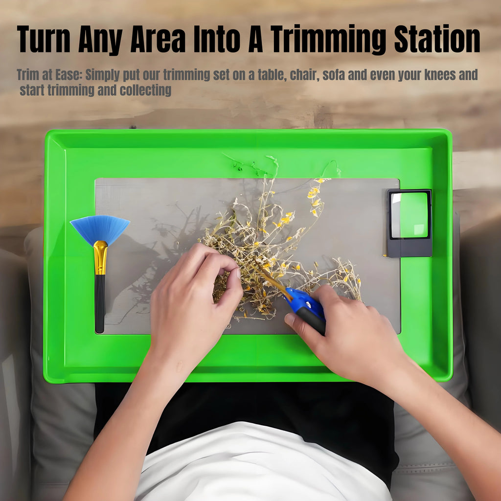 Trim Tray Kit Green with 150 Micron Screen Harvest Bin Scissors Brush and Magnifying Card 12 x 20 Inch