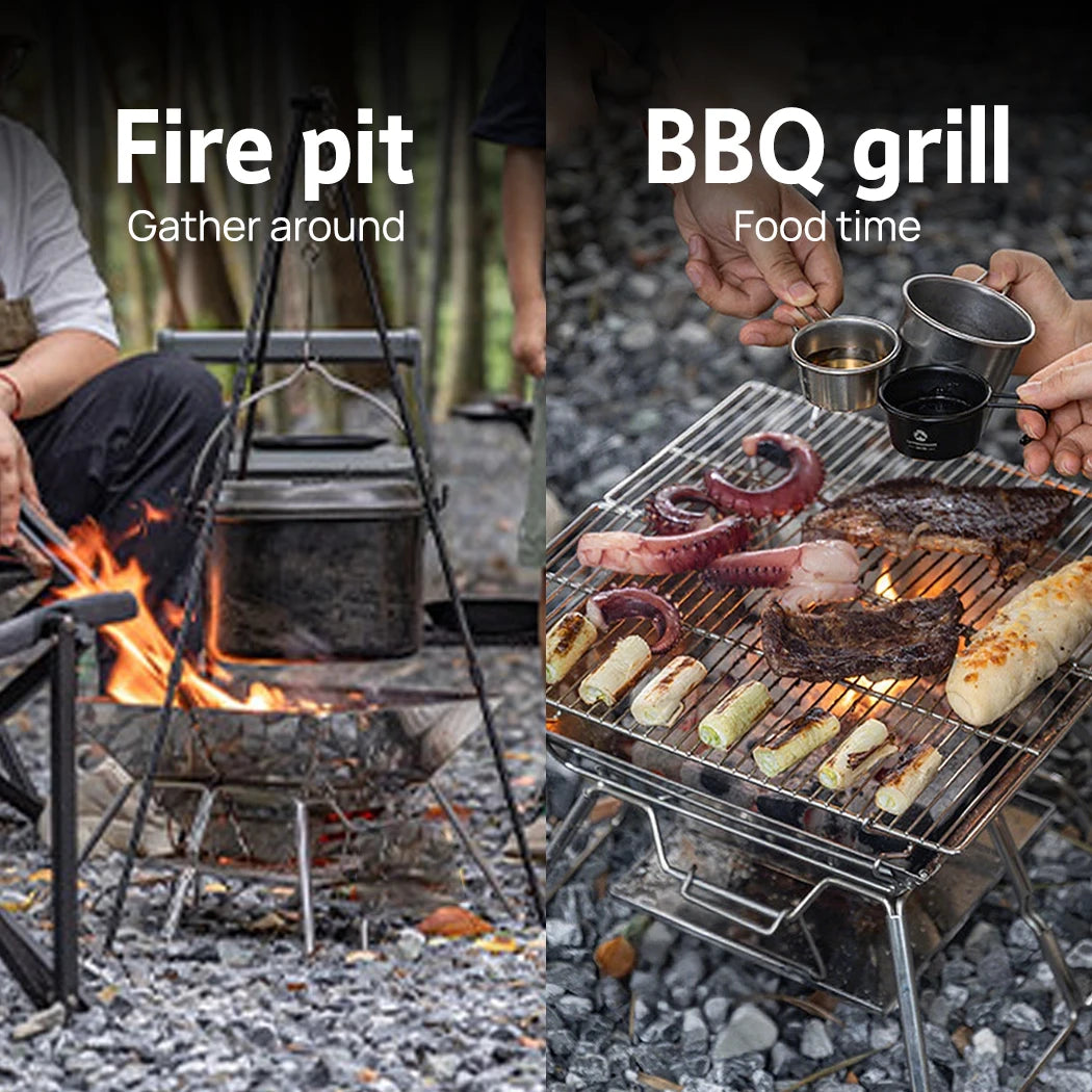 2-in-1 Portable Stainless Steel BBQ Grill and Fire Pit Foldable Outdoor Camping Cooker