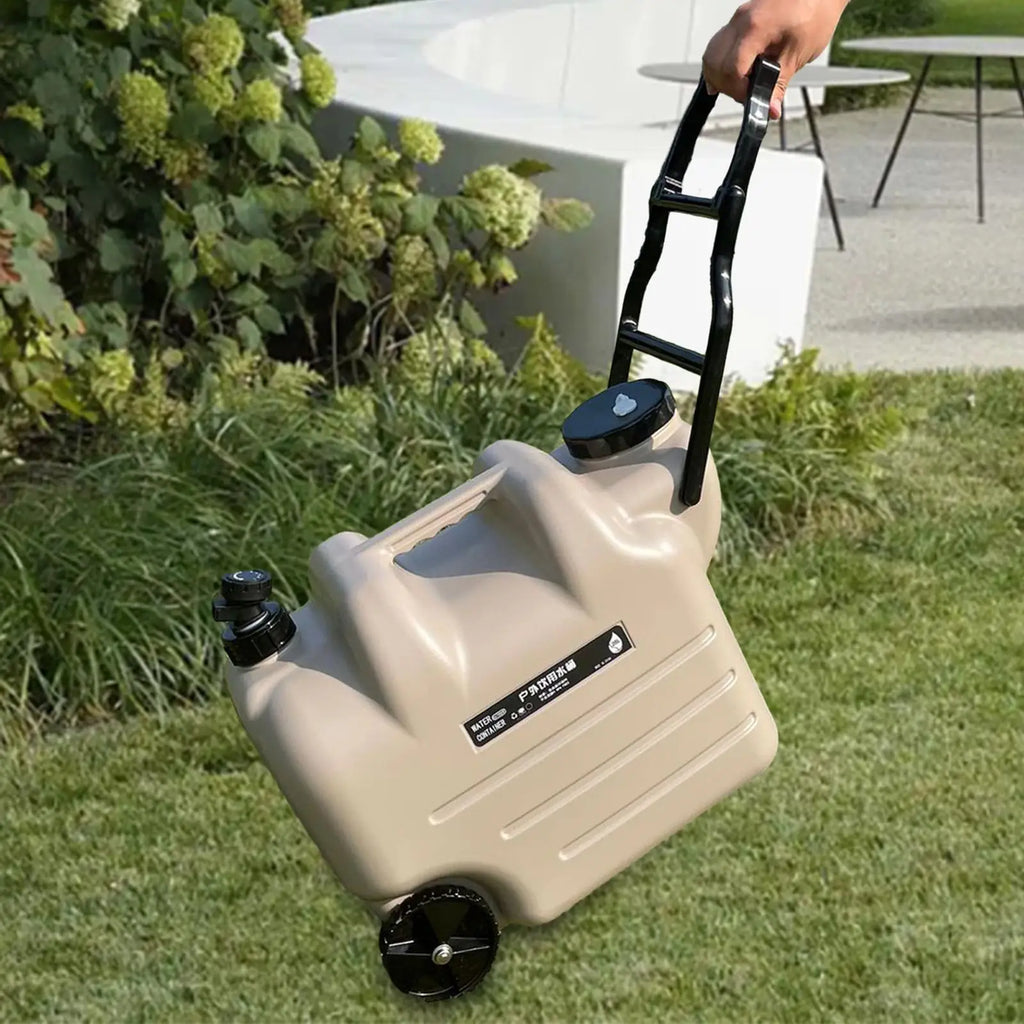 Portable 28L Khaki Water Storage Container with Wheels Tap and Screw Lid for Camping Travel