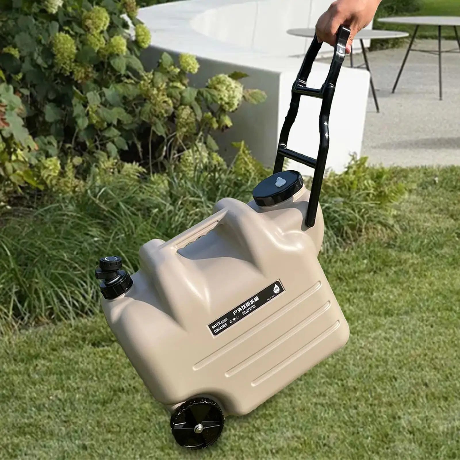 Portable 28L Khaki Water Storage Container with Wheels Tap and Screw Lid for Camping Travel