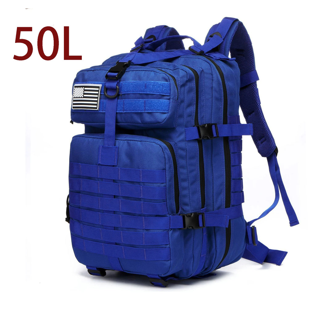 50L Blue Waterproof Tactical Backpack with Molle Webbing for Hiking Camping Trekking and Travel