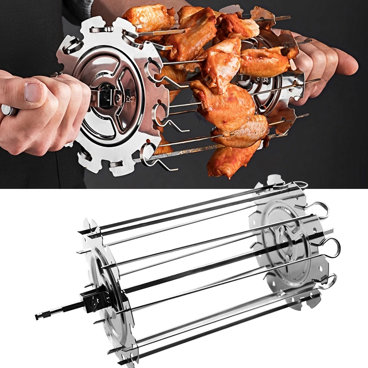 Stainless Steel Rotisserie Grill Cage with 10 Skewers BBQ Meat Vegetable Rotating Oven Kebab Maker Tool