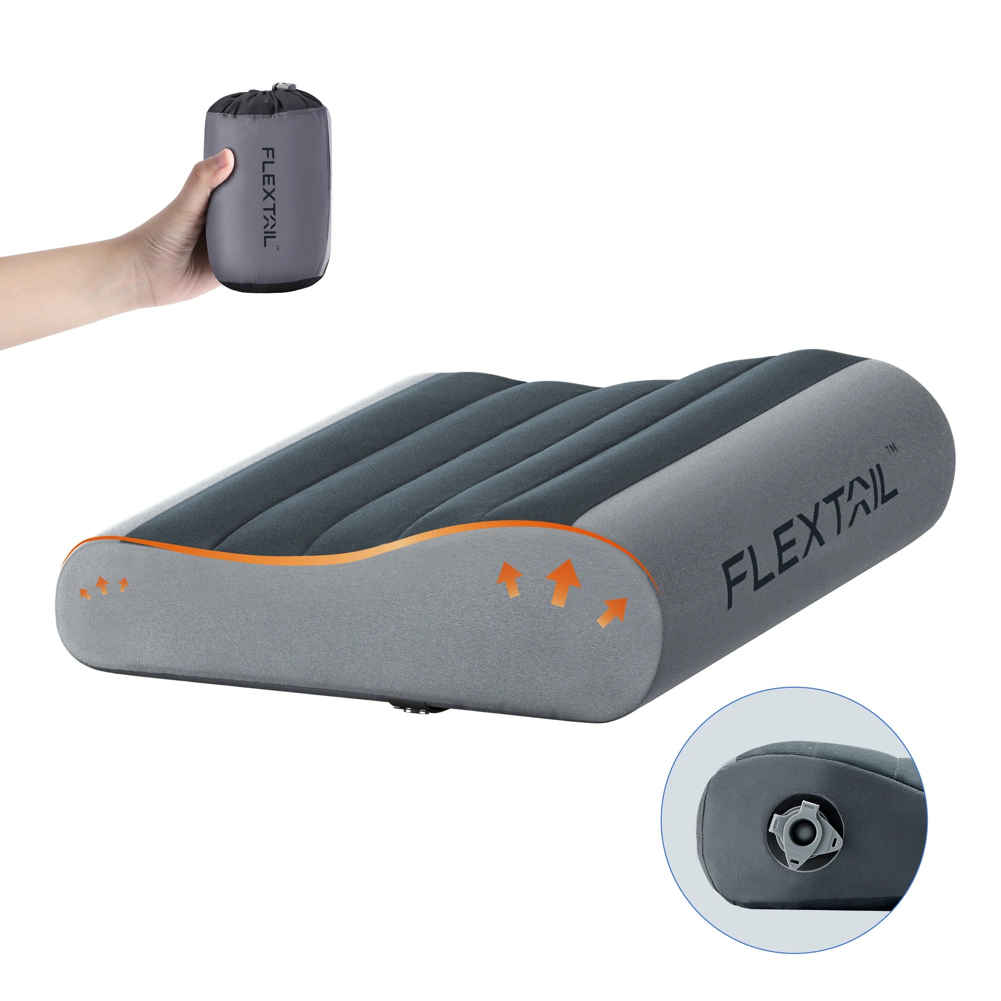 Inflatable Travel Pillow Gray Ergonomic Dual Support Lightweight Portable Pillow for Camping Travel and Home
