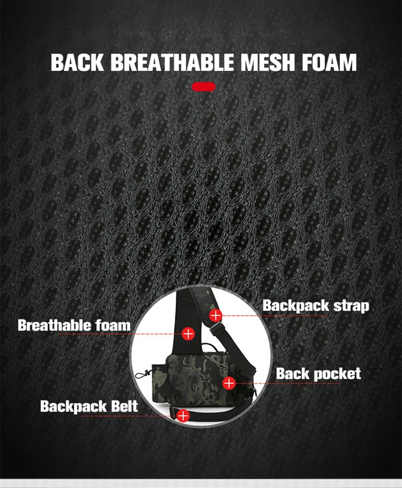 Fishing Tackle Backpack Dark Camouflage Sling Shoulder Bag with Rod Holder Multi Pocket Gear Storage Bag for Fishing and Outdoor Travel