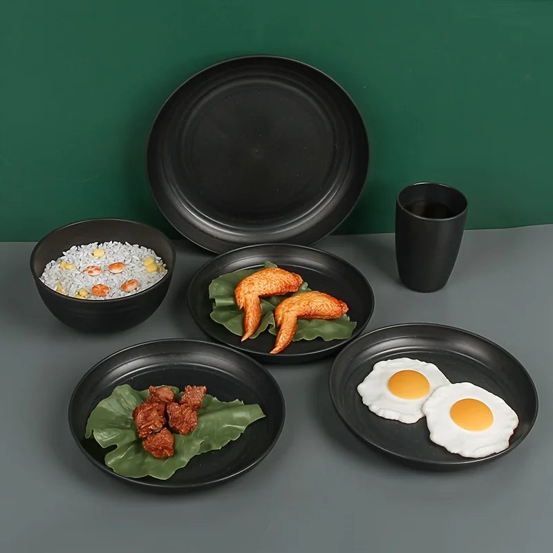 16-Piece Unbreakable Plastic Dinnerware Set with Plates Bowls and Cups Microwave & Dishwasher Safe Black Tableware Set