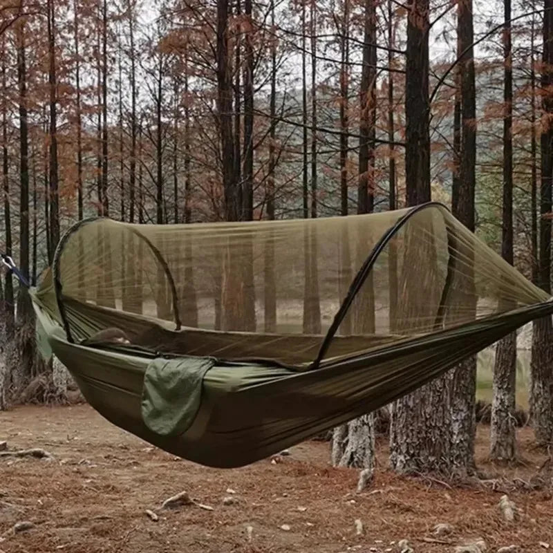 Portable Outdoor Hammock with Integrated Mosquito Net Army Green Camping Hanging Bed
