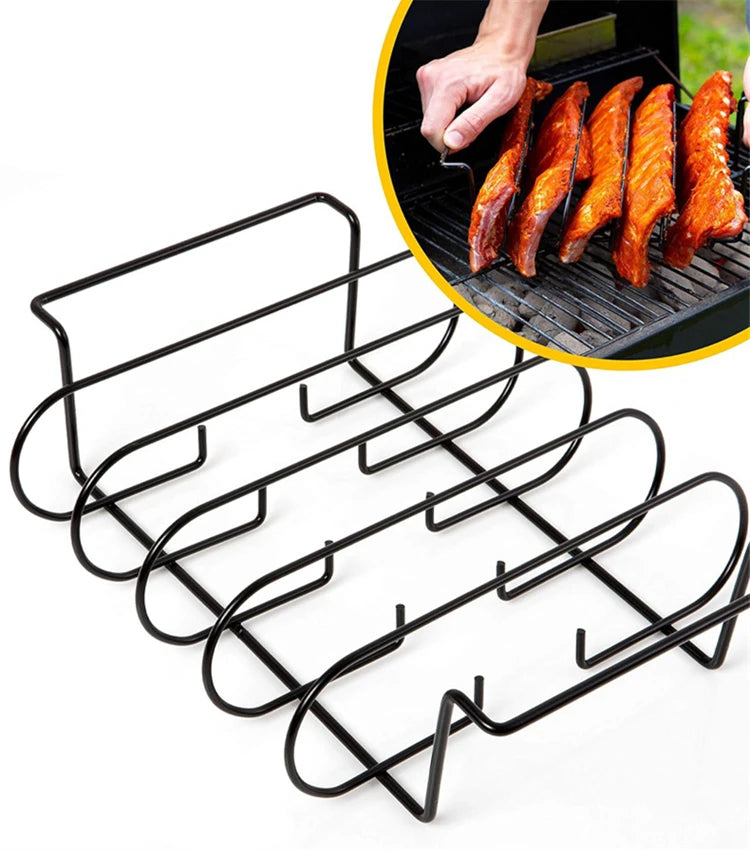 Black BBQ Rib Rack Roasting Stand Holds 4 Ribs for Grill Oven