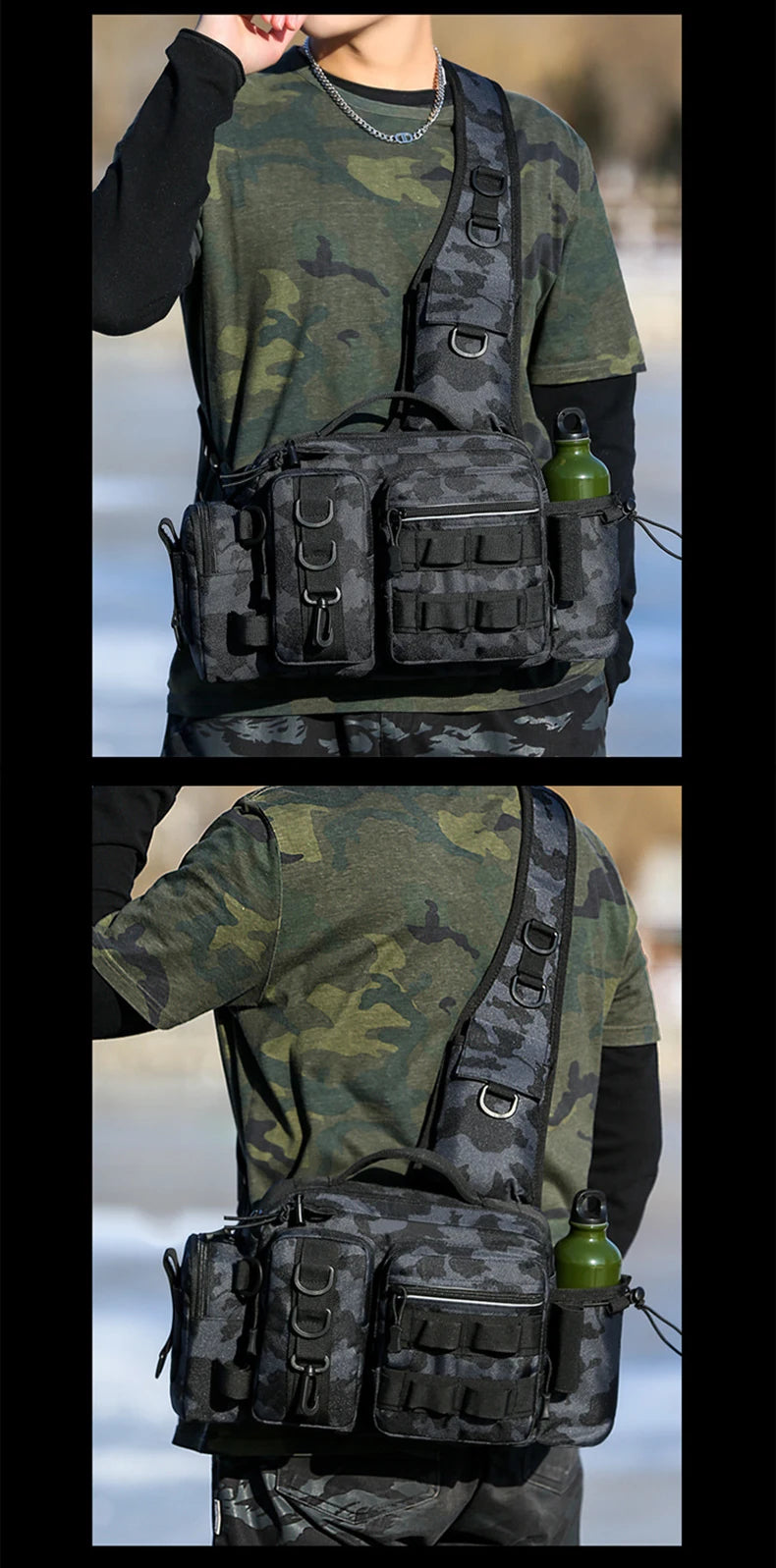 Fishing Tackle Backpack Black Camouflage Sling Shoulder Bag with Rod Holder Multi Pocket Gear Storage Bag for Fishing and Outdoor Travel
