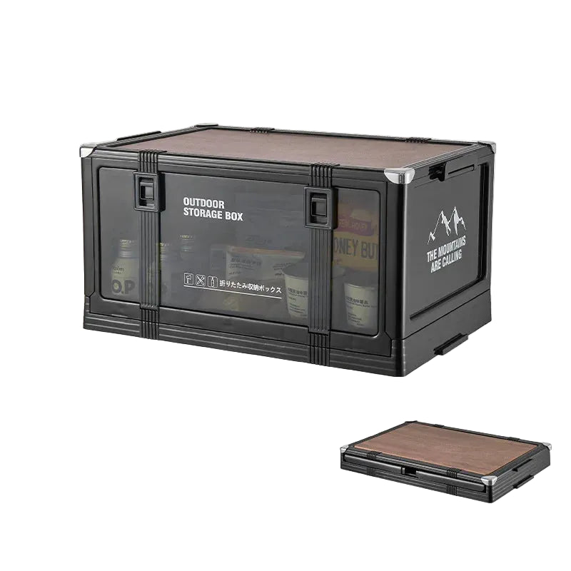Foldable Large Black Camping Storage Box with Wooden Lid Stackable Car Trunk Organizer