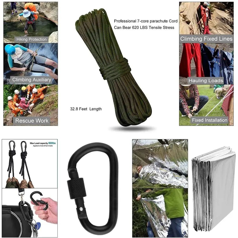 Portable Emergency Survival Kit with Flashlight Whistle Rope Fishing Tools and Storage Case