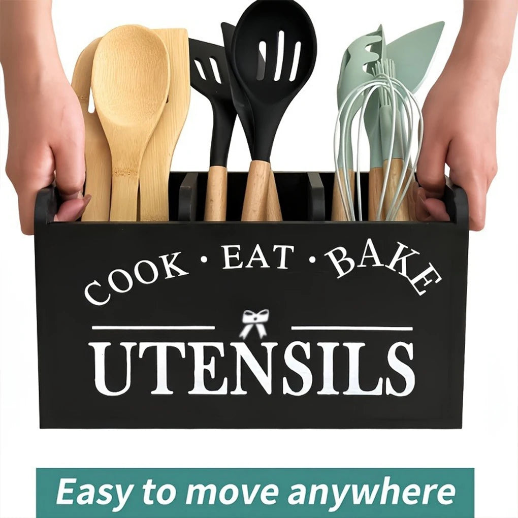 Wooden Utensil Holder Black 3 Compartment Kitchen Organizer with Drainage