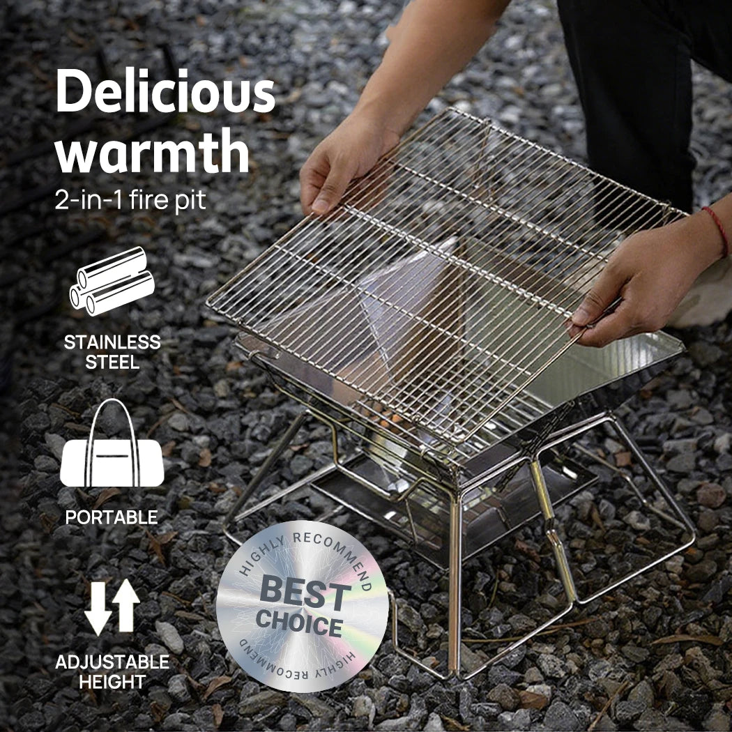 2-in-1 Portable Stainless Steel BBQ Grill and Fire Pit Foldable Outdoor Camping Cooker
