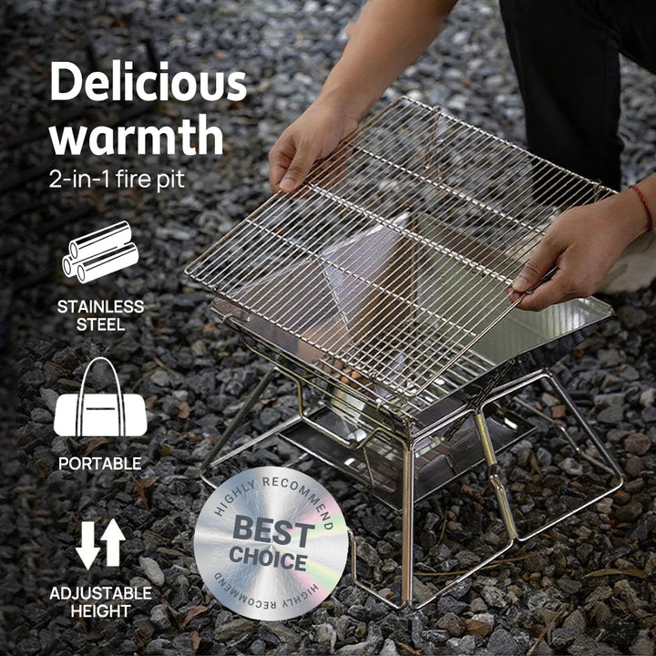 2-in-1 Portable Stainless Steel BBQ Grill and Fire Pit Foldable Outdoor Camping Cooker