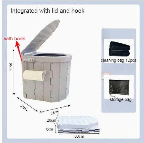 Portable Folding Bucket Toilet Seat Gray With Lid and Hook Compact Outdoor Emergency Toilet for Camping Travel