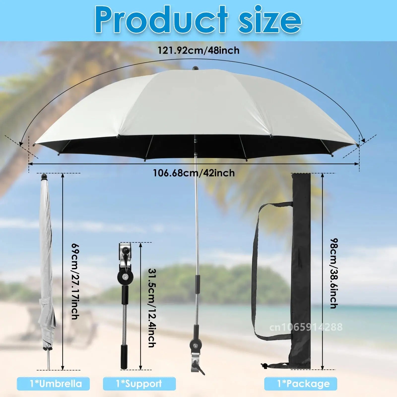 106cm Silver Clip On Beach Umbrella 360 Degree Adjustable UV Sun Shade for Camping Chairs