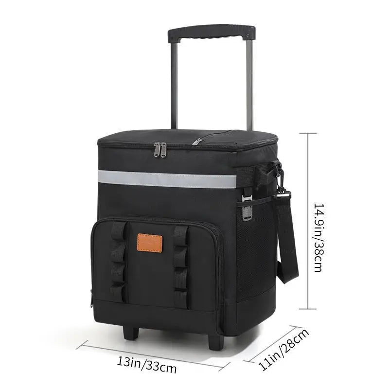 35L Portable Black Rolling Cooler Bag with Wheels Telescopic Handle for Camping Picnic Beach and Travel