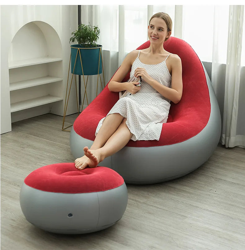 Inflatable Red Lazy Sofa Chair with Ottoman Foldable PVC Flocking Lounge Chair for Indoor Outdoor Use