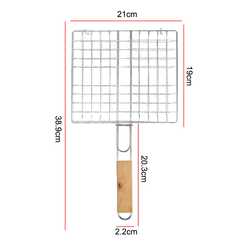 Foldable Stainless Steel BBQ Grilling Basket with Wooden Handle for Fish Meat and Vegetables