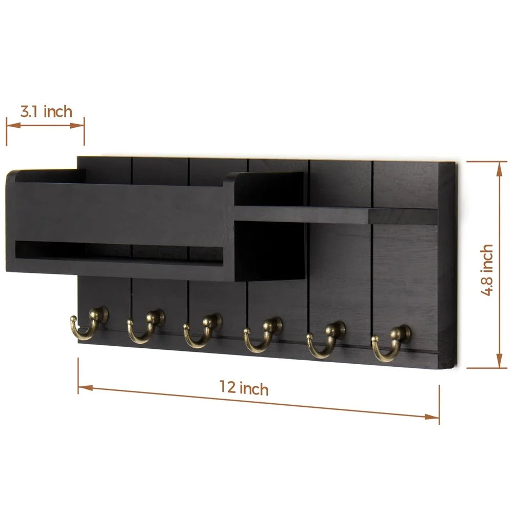 Wood Key Holder Wall Rack with Shelf and 6 Hooks Mail Organizer