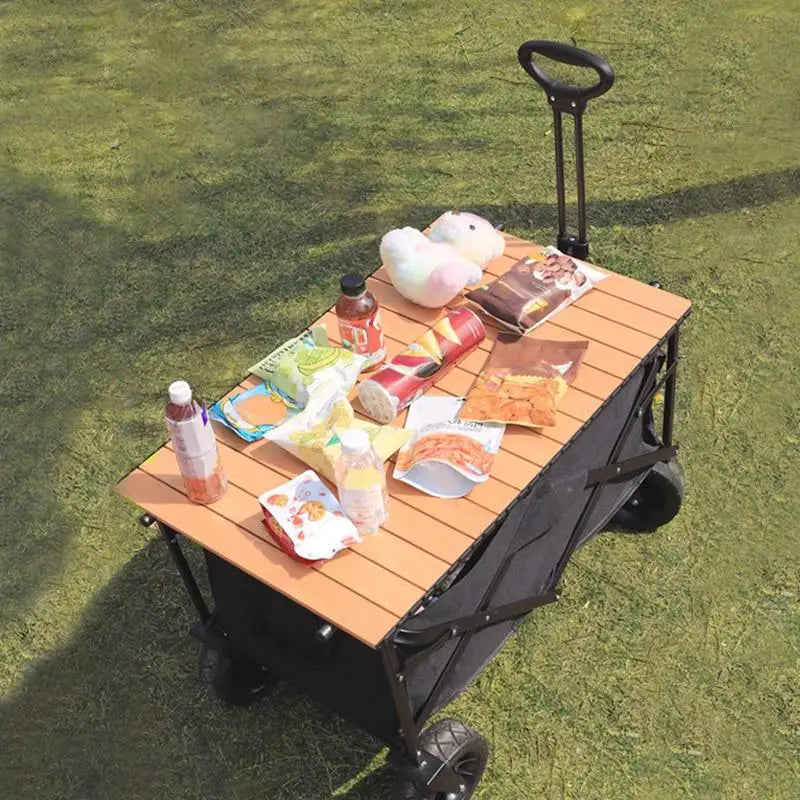Portable Folding Camping Trolley Table Top Wood Color Wagon Cover Board for Picnic Beach Garden and Camping