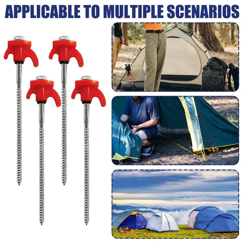 4 Piece Red Tent Stakes Heavy Duty Carbon Steel Spiral Ground Anchors for Camping Canopies and Tarps