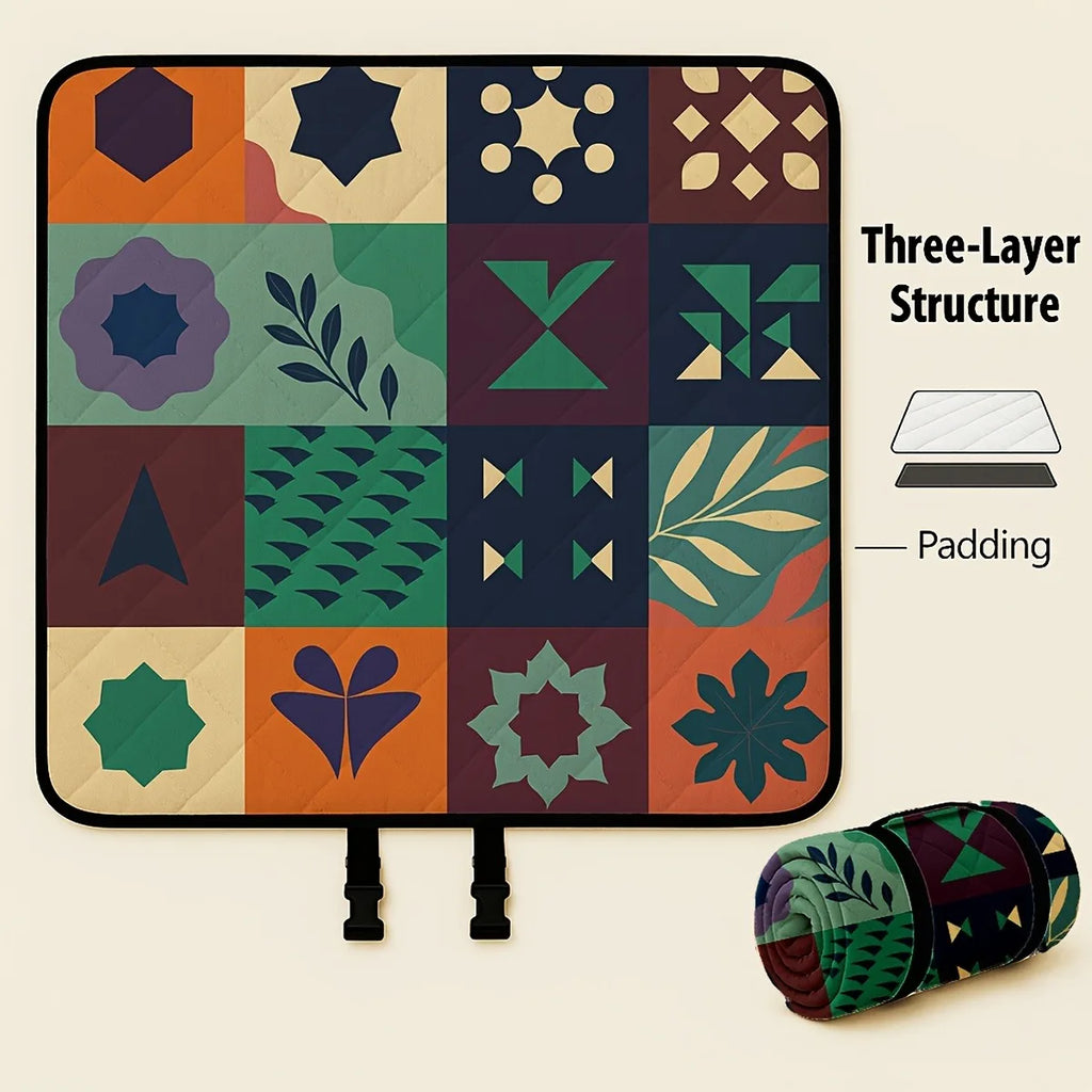 150x150cm Foldable Picnic Blanket Moroccan Mosaic Soft Padded Outdoor Mat with Carry Strap for Beach Park Camping Travel
