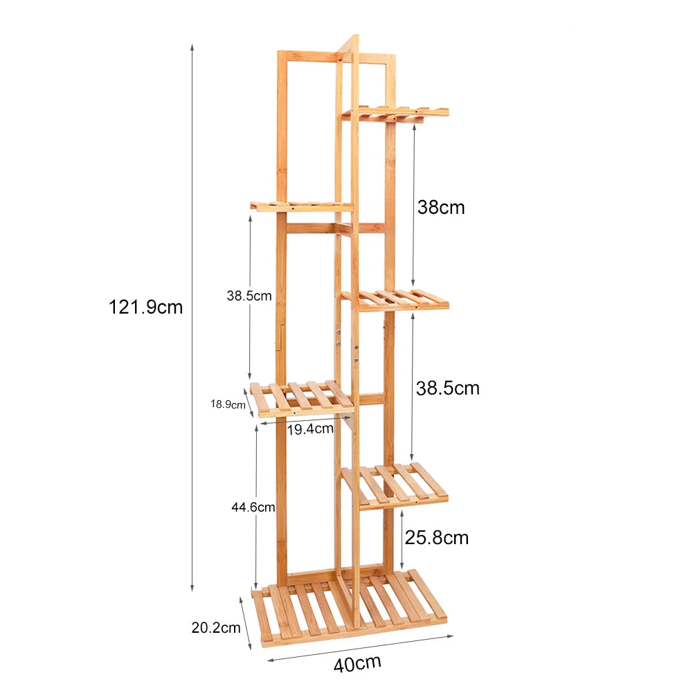 6 Tier Bamboo Plant Stand Vertical Shelf 7 Pots Indoor Outdoor Display Rack