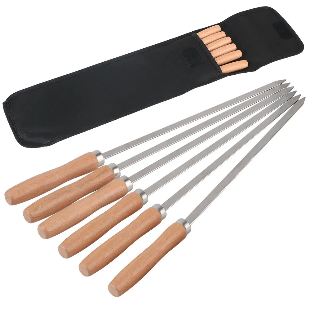 6 Piece Stainless Steel BBQ Skewers with Wooden Handles Grilling Set