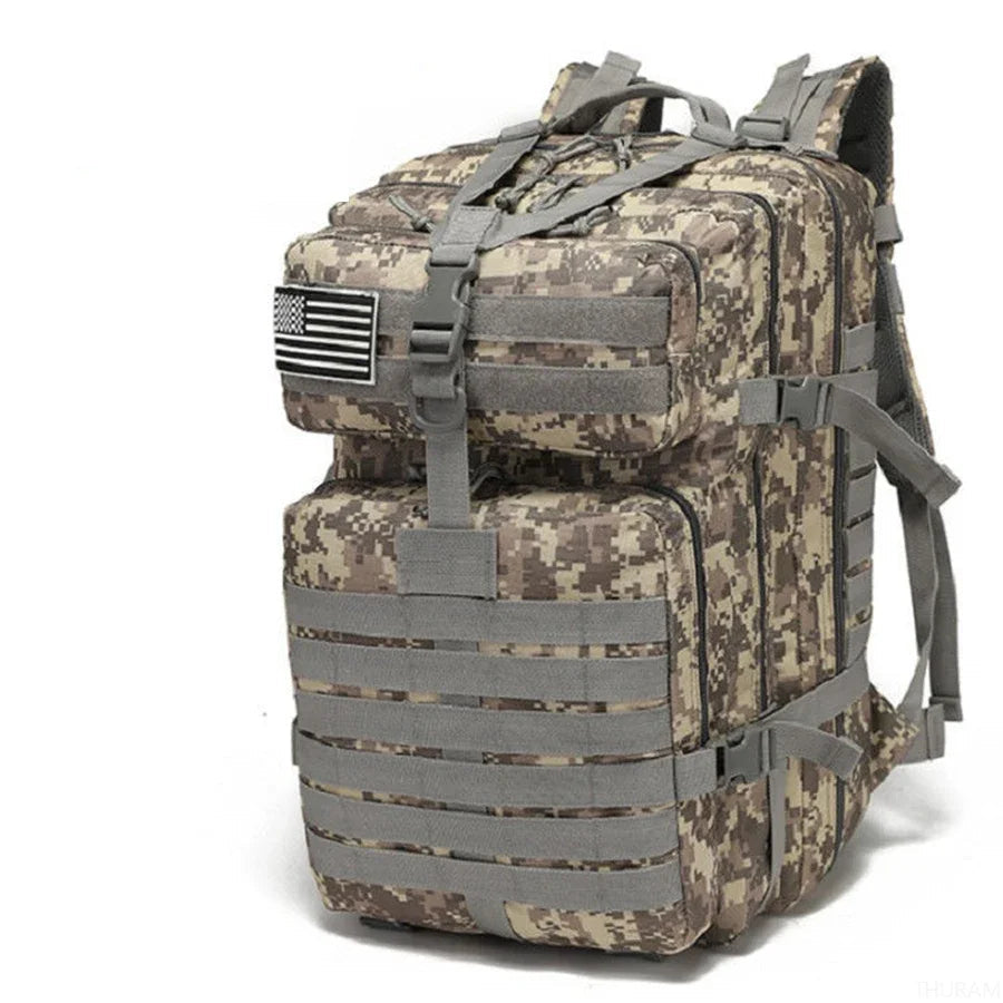 50L Gray Camouflage Waterproof Tactical Backpack with Molle Webbing for Hiking Camping Trekking and Travel