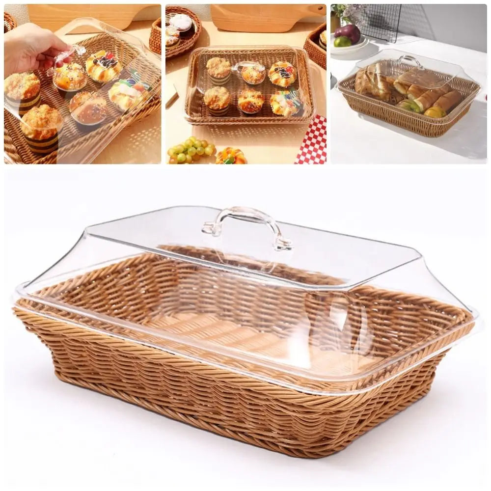 Rectangular Rattan Style Bread Basket with Clear Acrylic Lid for Food Storage and Serving