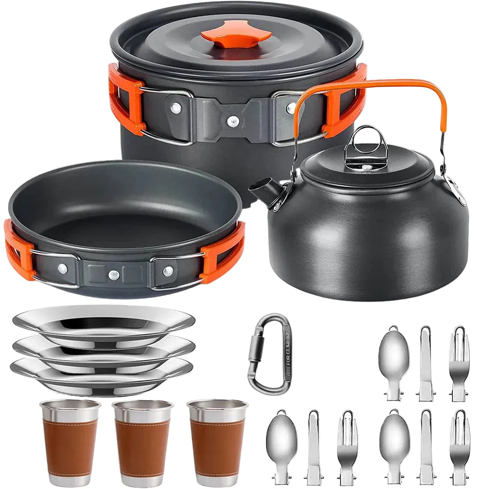 500ml Orange Camping Cookware Set with Pot Pan Cups and Folding Tableware for Outdoor Cooking and Hiking