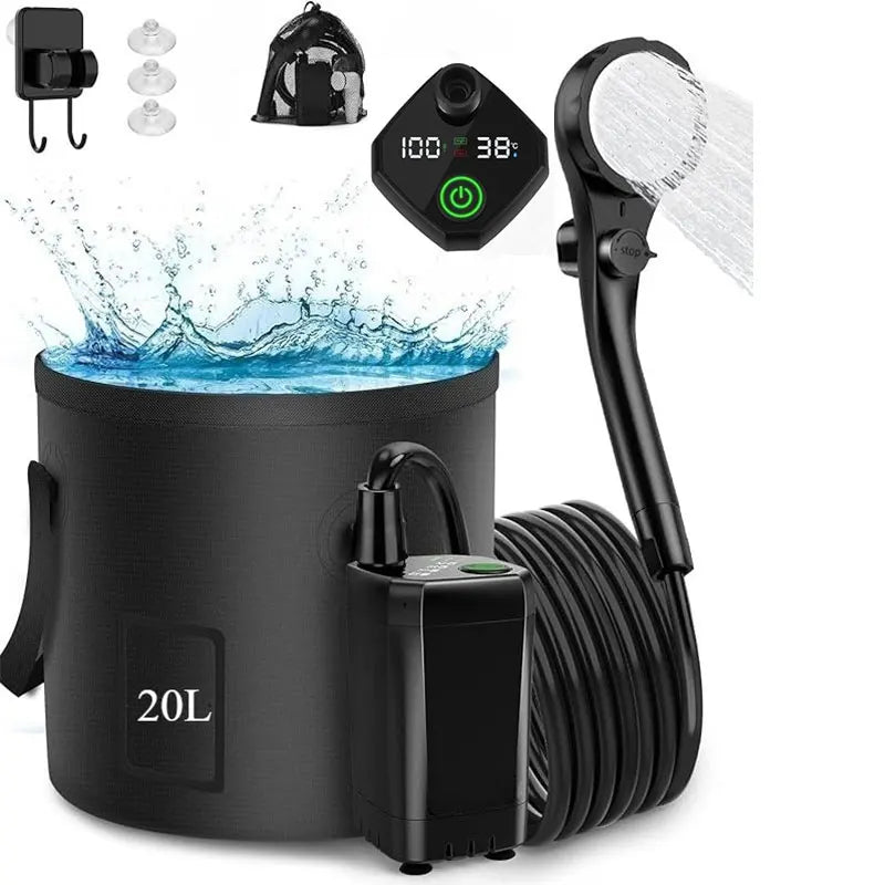 6000mAh Black Portable Camping Shower Rechargeable Outdoor Shower Kit with 20L Foldable Bucket and Pump