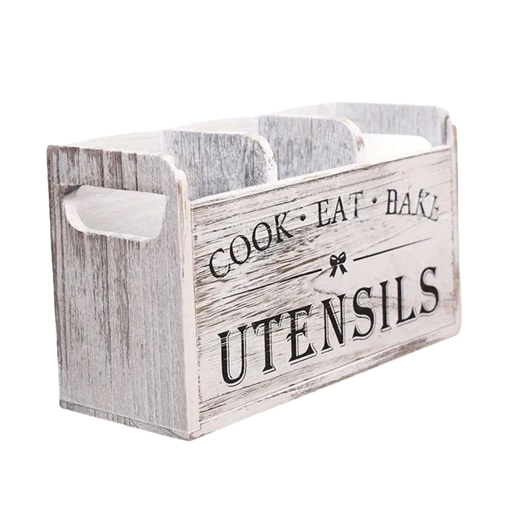 Wooden Utensil Holder White 3 Compartment Kitchen Organizer with Drainage