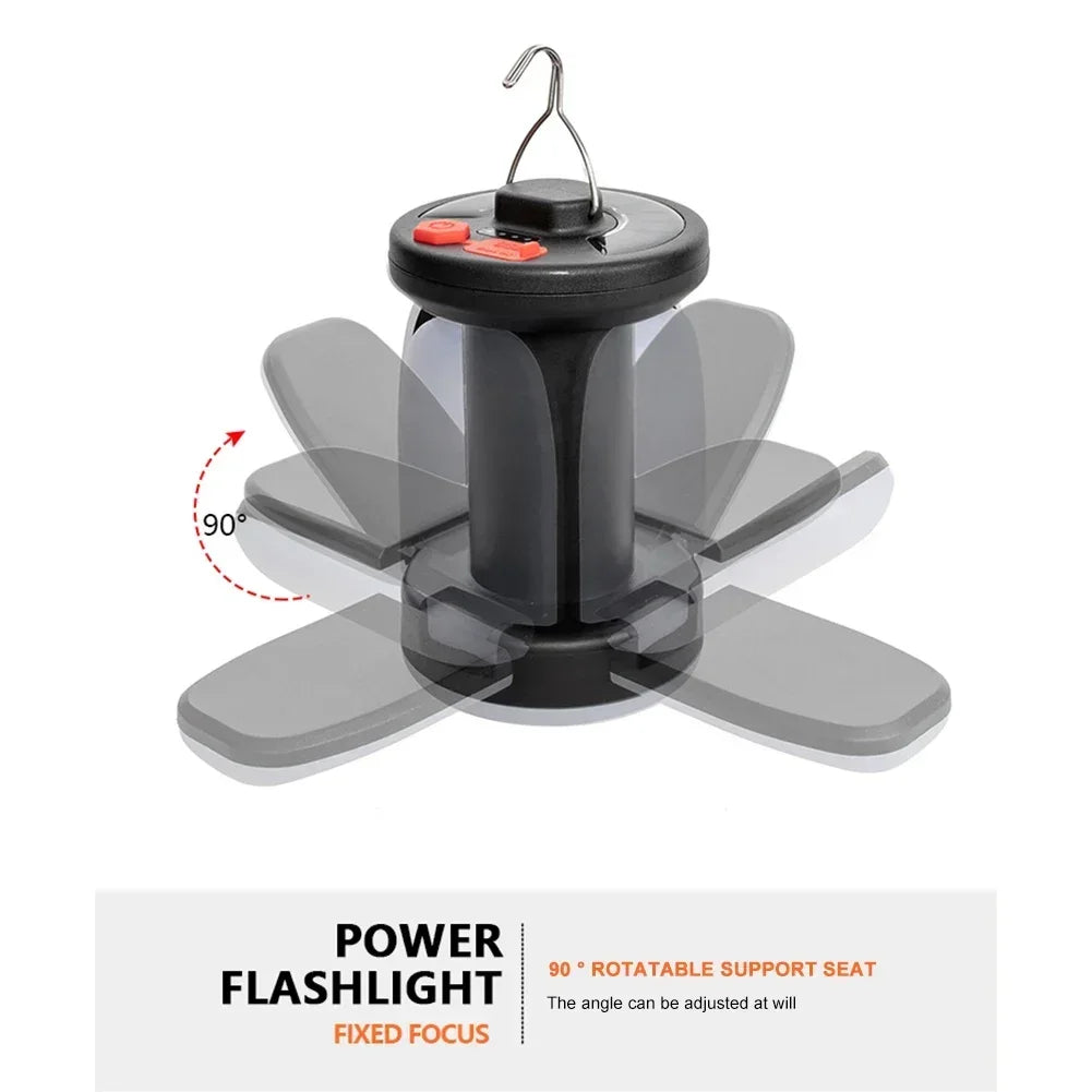 4-Leaf Solar USB Rechargeable LED Camping Lantern with Folding Panels and Hanging Hook