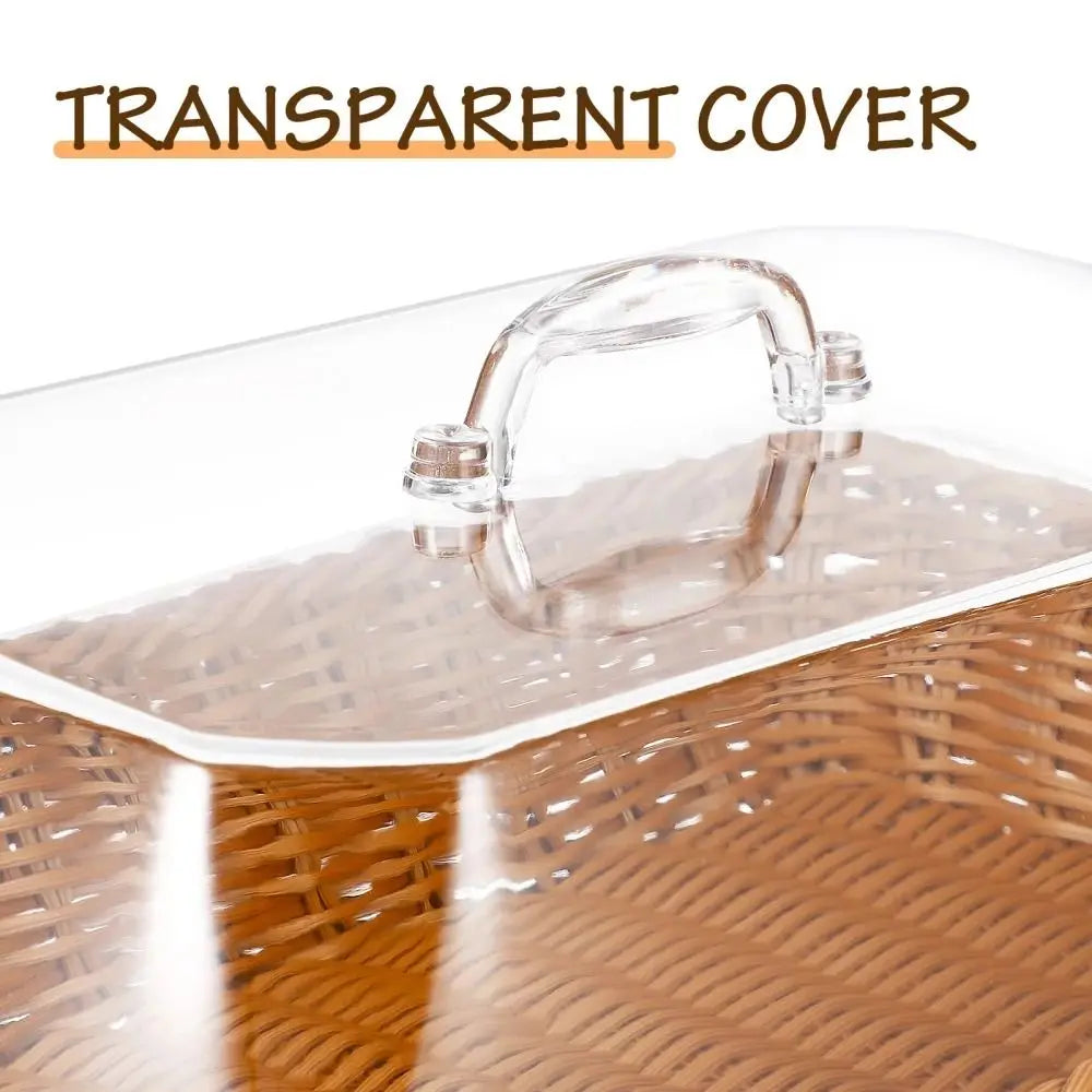 Rectangular Rattan Style Bread Basket with Clear Acrylic Lid for Food Storage and Serving